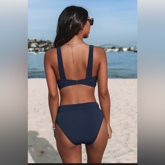 Longline V Neck Bralette & Navy Classic High Waist Bikini Set - Picture 2 of 2